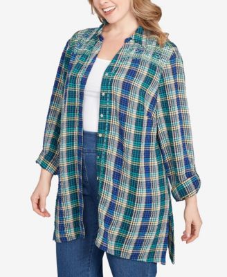 Plus Size Embroidered Plaid Button Down Top