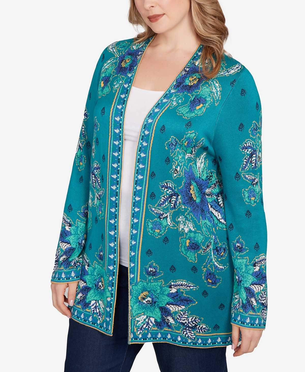 Ruby Rd. Plus Size Floral Open Front Cardigan Sweater In Green