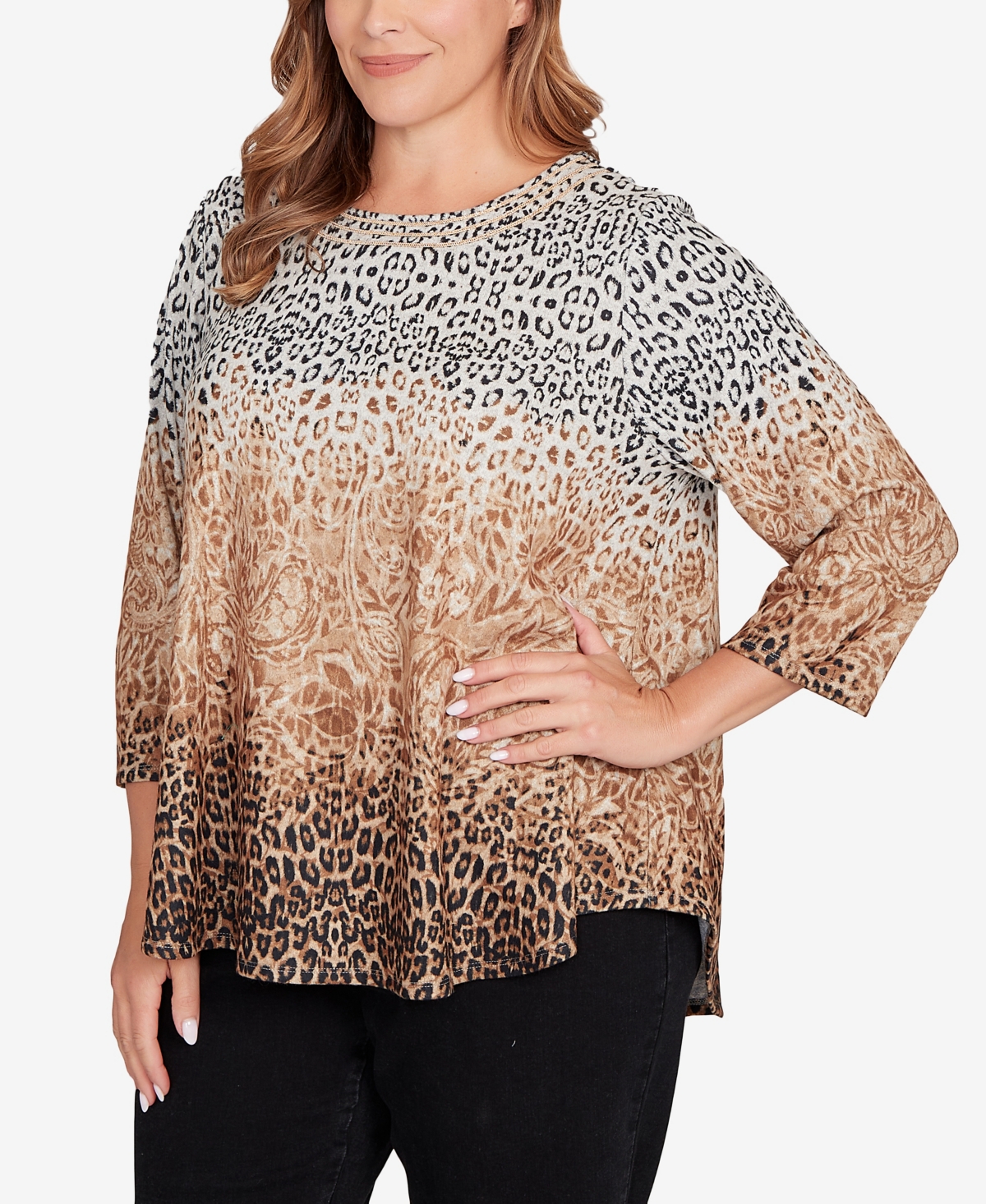 Ruby Rd. Plus Size Embellished Animal Print Cozy Top In Brown