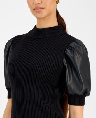 Women's Ribbed Faux-Leather-Sleeve Top