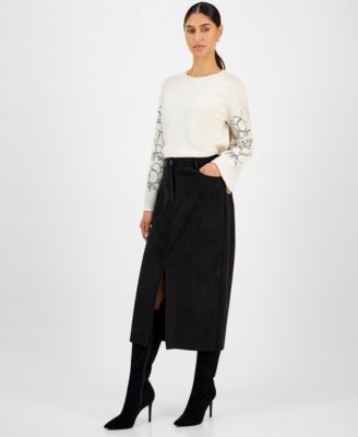 Women's Faux-Suede Slit-Front Midi Skirt 