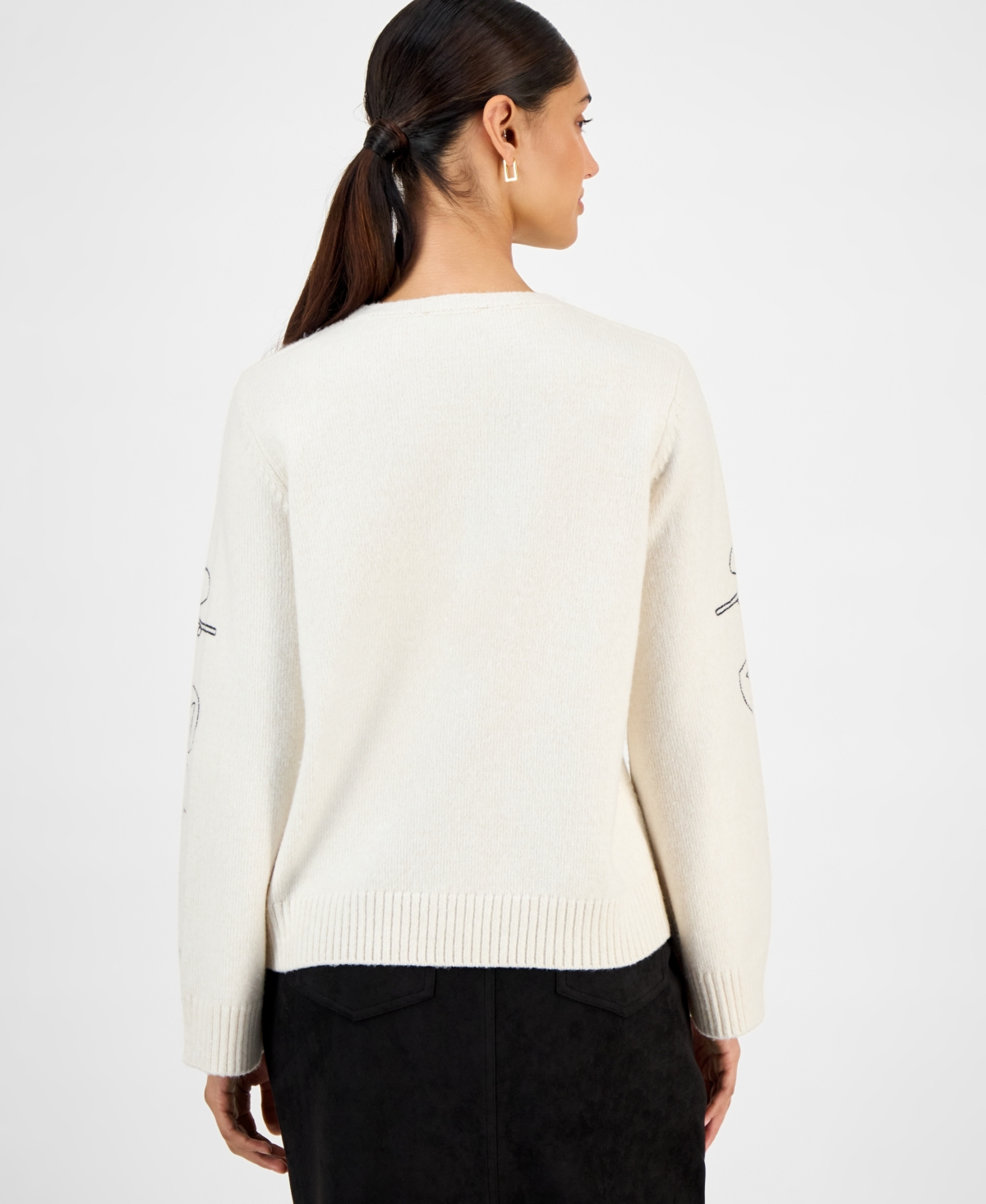 T Tahari Women's Embroidered-sleeve Crewneck Sweater In Neutral
