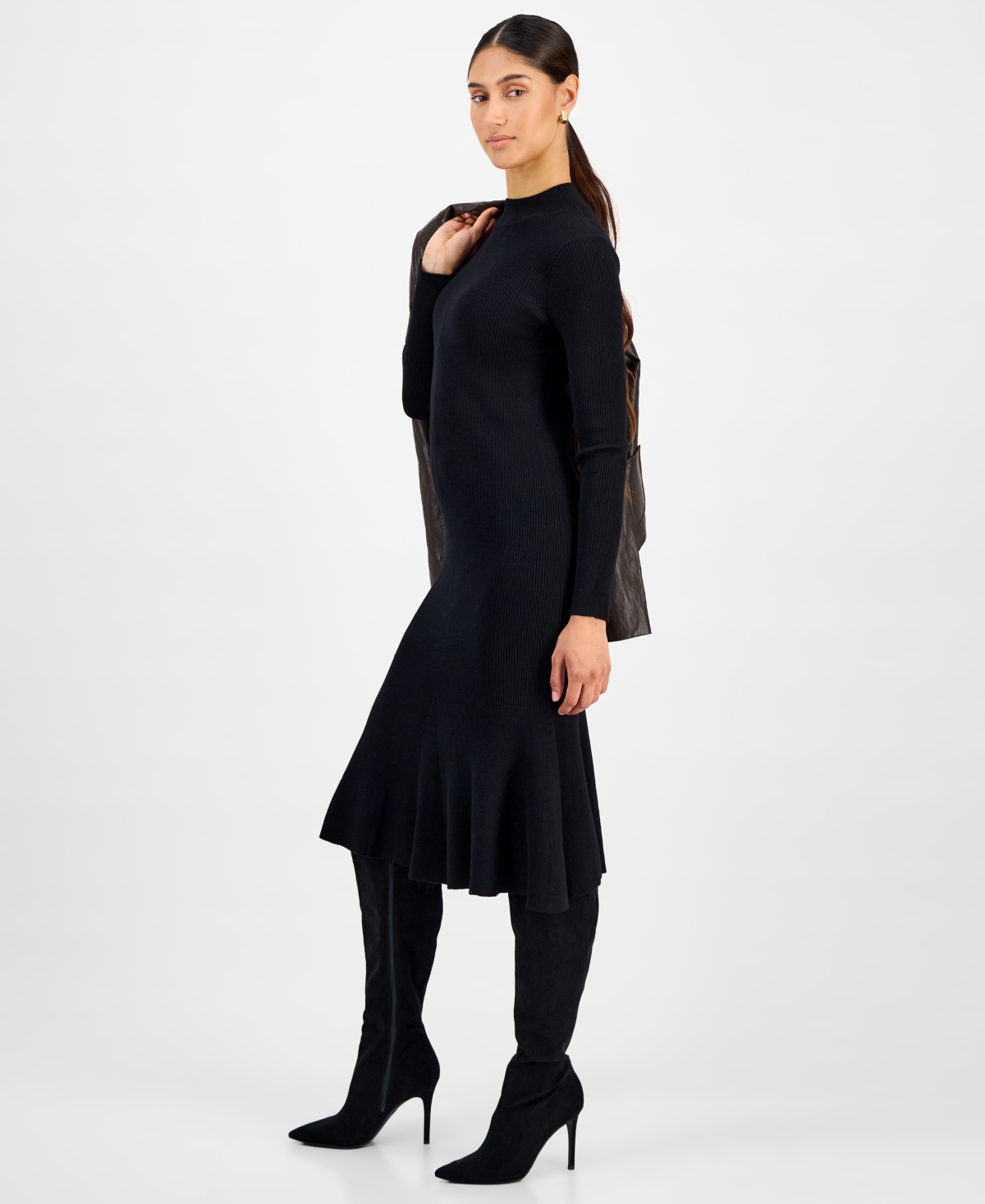 T Tahari Women's Long-sleeve Ribbed Bodycon Flare Dress In Black