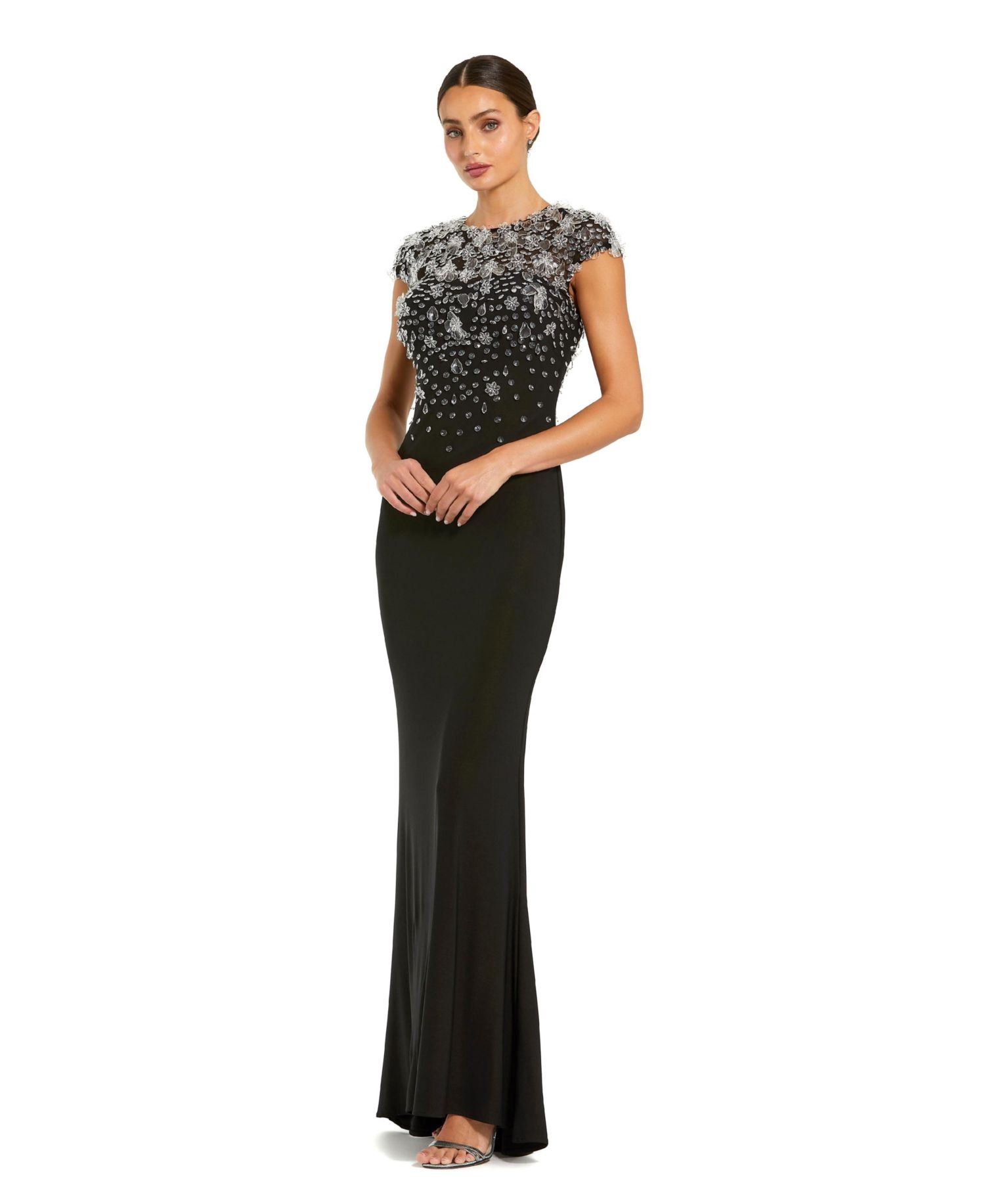 Crystal Embellished Jersey Fitted Cap Sleeve Gown