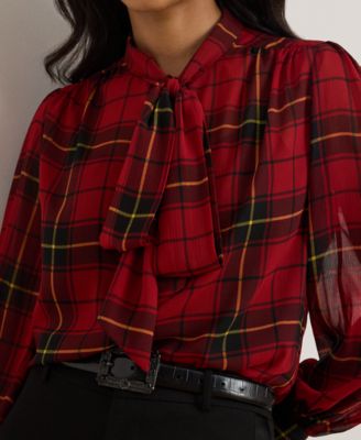 Petite Plaid Print Tie Neck Top