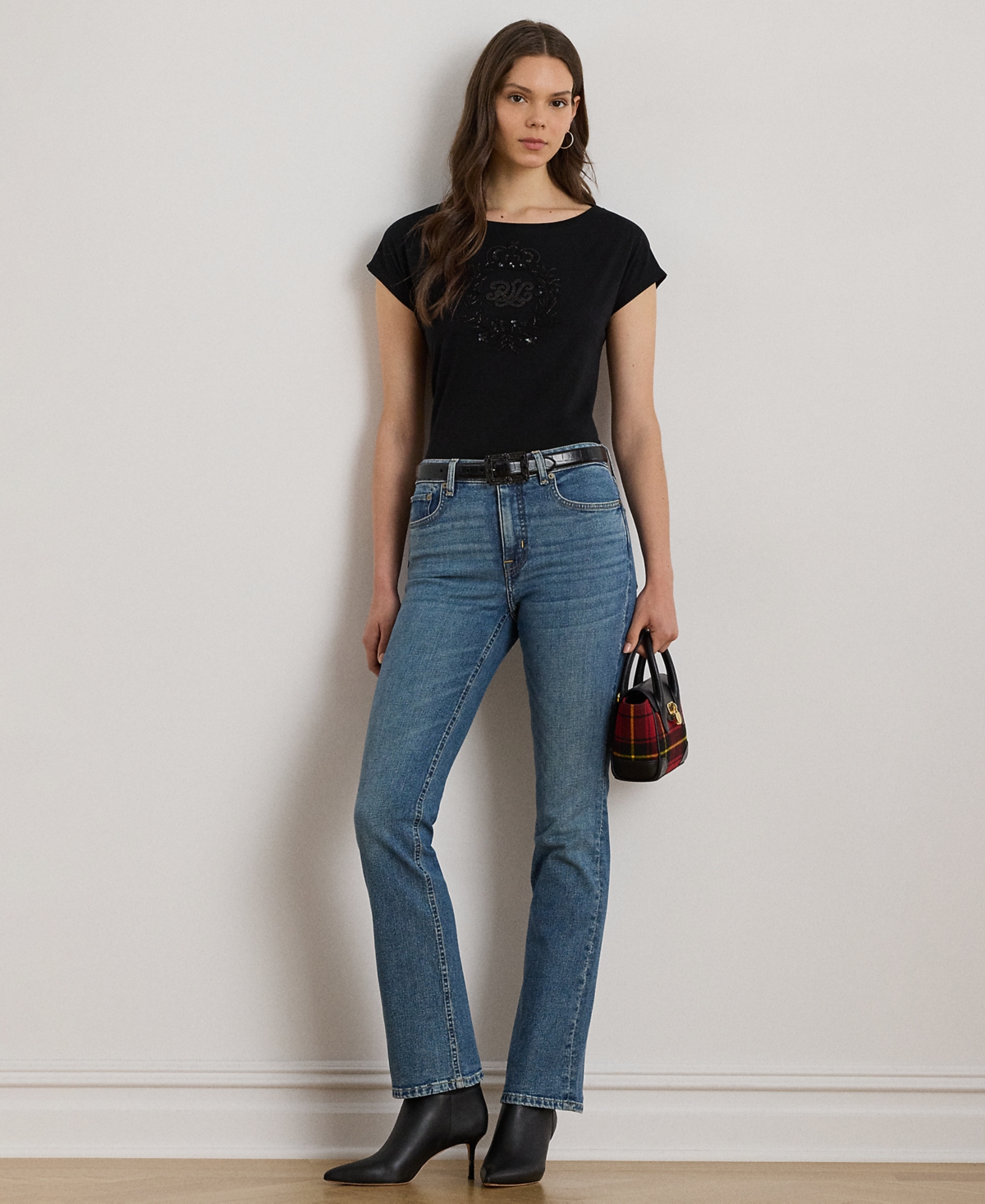 Ralph Lauren Petite Sequin Crest Jersey T-shirt In Black