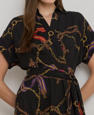 Petite Spread Collar Belting-Print Dress