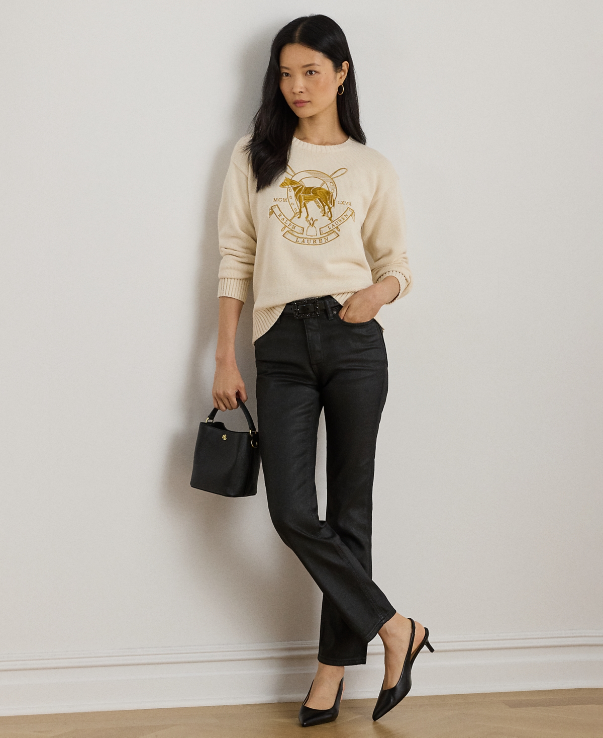 Ralph Lauren Petite Embroidered Crewneck Sweater In Neutral