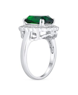 Art Deco Style Rectangle Large Cubic Zirconia Solitaire Green Emerald Cut with CZ Halo 10CT Cocktail Statement Ring Silver Plated