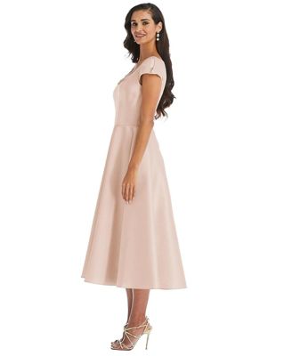 Plus Size Puff Cap Sleeve Full Skirt Satin Midi Dress