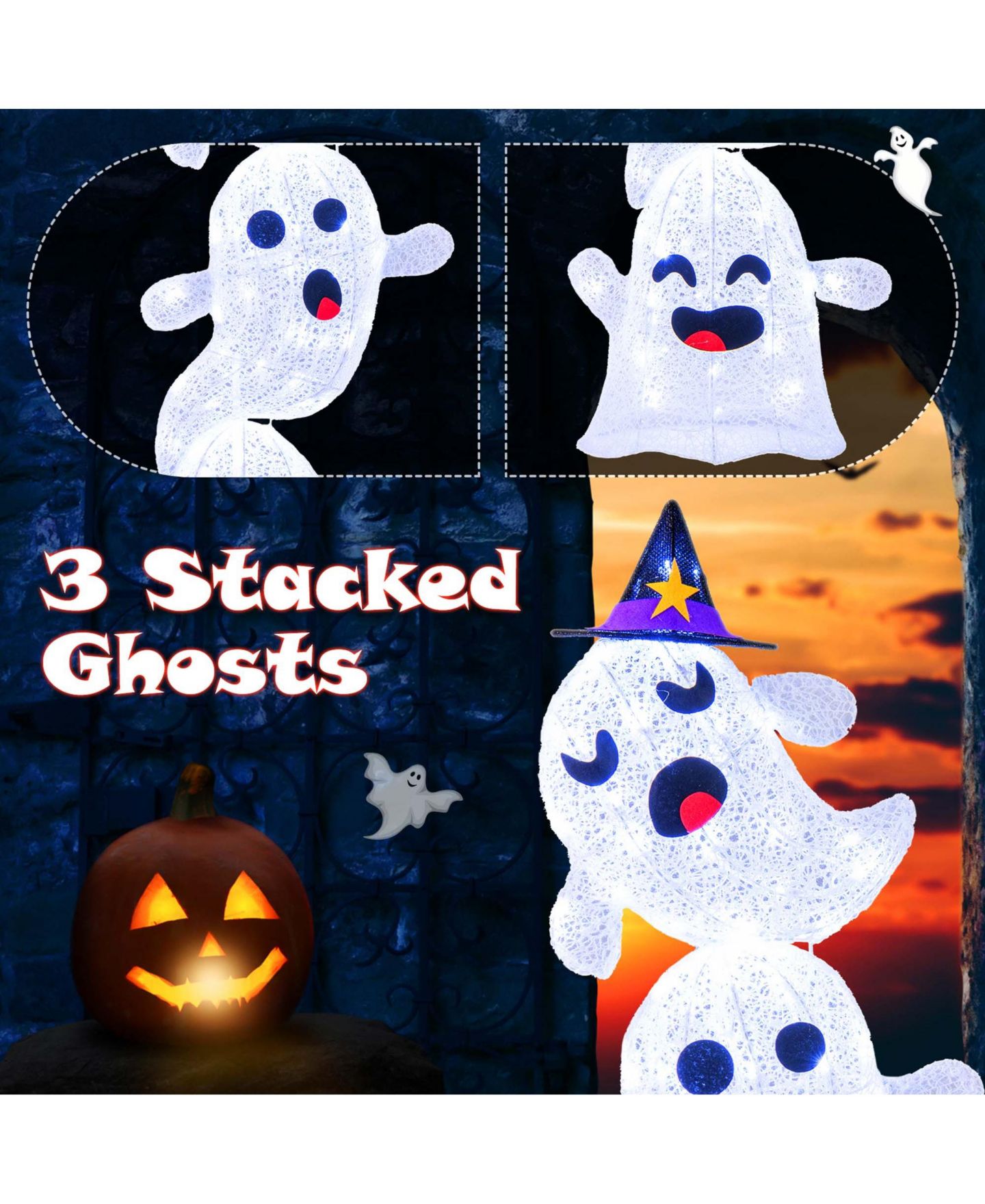 Детская игрушка Costway 4 FT Lighted Stacked Ghosts Standing Halloween Decoration with 120, цвет: Белый — фото 4