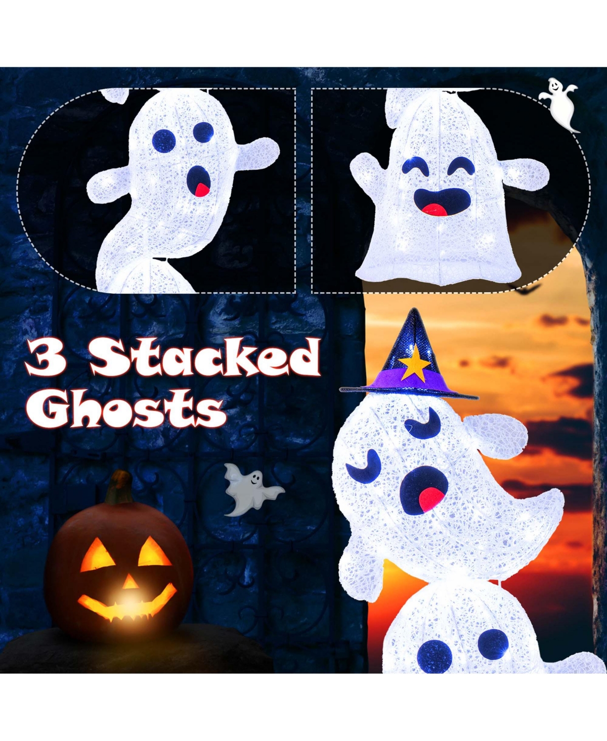 4 Ft Lighted Stacked Ghosts Standing Halloween Decoration with 120 Led Lights and 4 Metal Ground Stakes