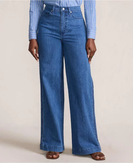 Petite Soft Denim High Rise Wide Leg Braided Jeans - Laguna blue with braided seam