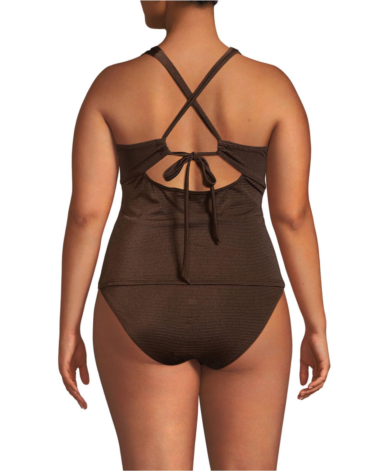 Plus Size Shine Ribbed Tankini Top and High Waisted Bottom Swimsuit Set