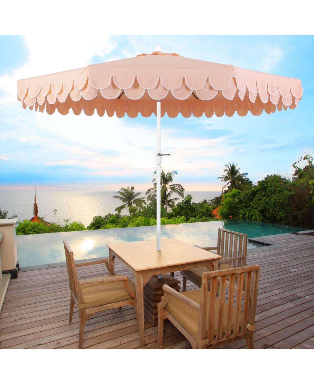 Jonathan Y Tracy 9 ft. Classic MidCentury Scalloped Fringe Market Patio Umbrella with Auto-Tilt Crank, Wind Vent and Uv Protection Coral