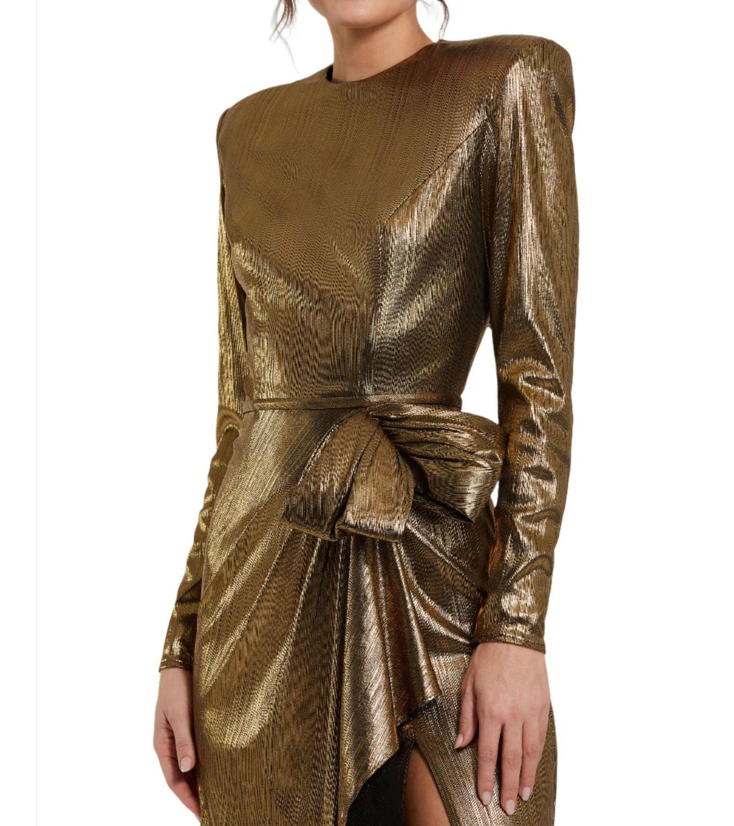 Women's Metallic Jersey Long Sleeve Gown With Bow