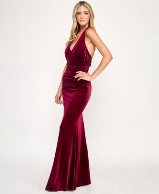 Juniors' Velvet Plunge Halter Neck Long Gown