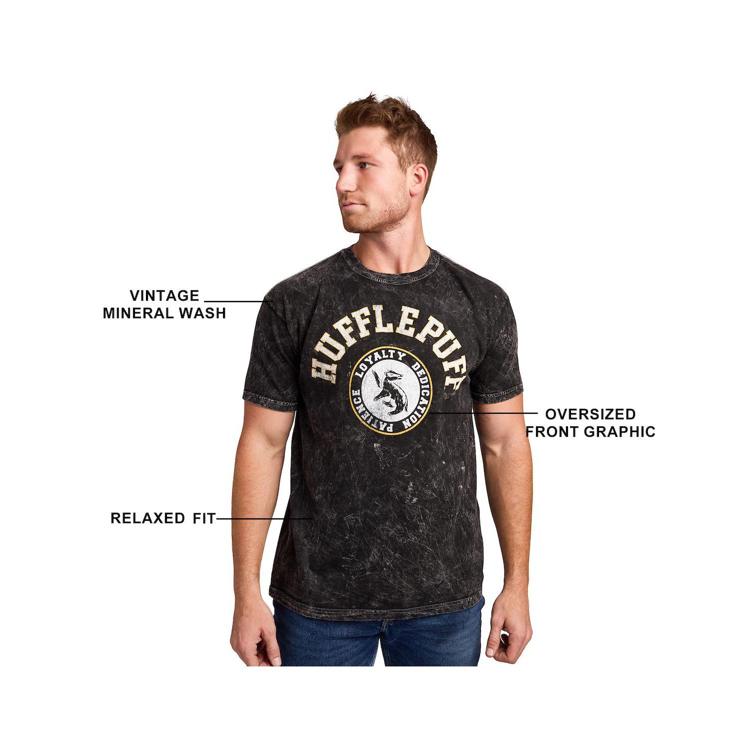 Men's Hufflepuff Varsity Black Vintage Mineral Wash Crew Neck Short Sleeve T-shirt-XXL