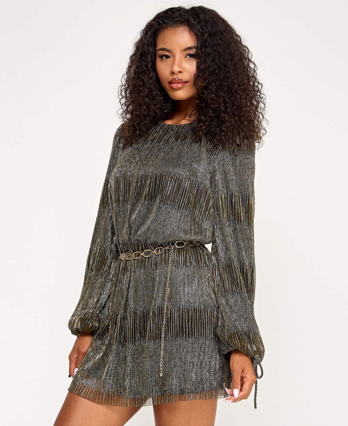 Seni & Cade Juniors' Metallic Pleated Knit Trapeze Belt Dress In Gray