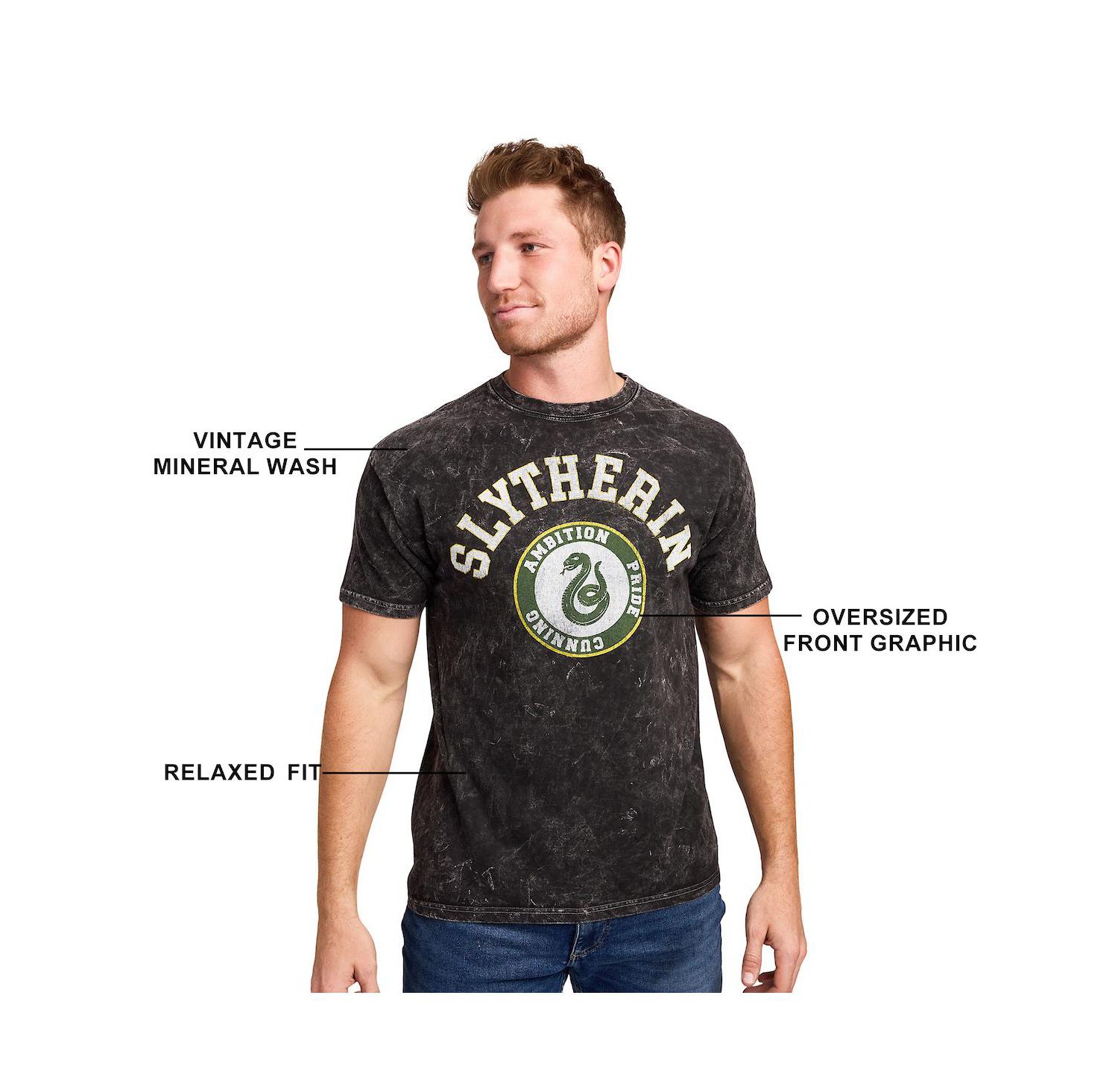 Men's Slytherin Varsity Black Vintage Mineral Wash Crew Neck Short Sleeve T-shirt-XXL