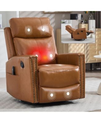 Genuine Leather Heat Massage Manual Recliner Chair with Rocker and Swivel