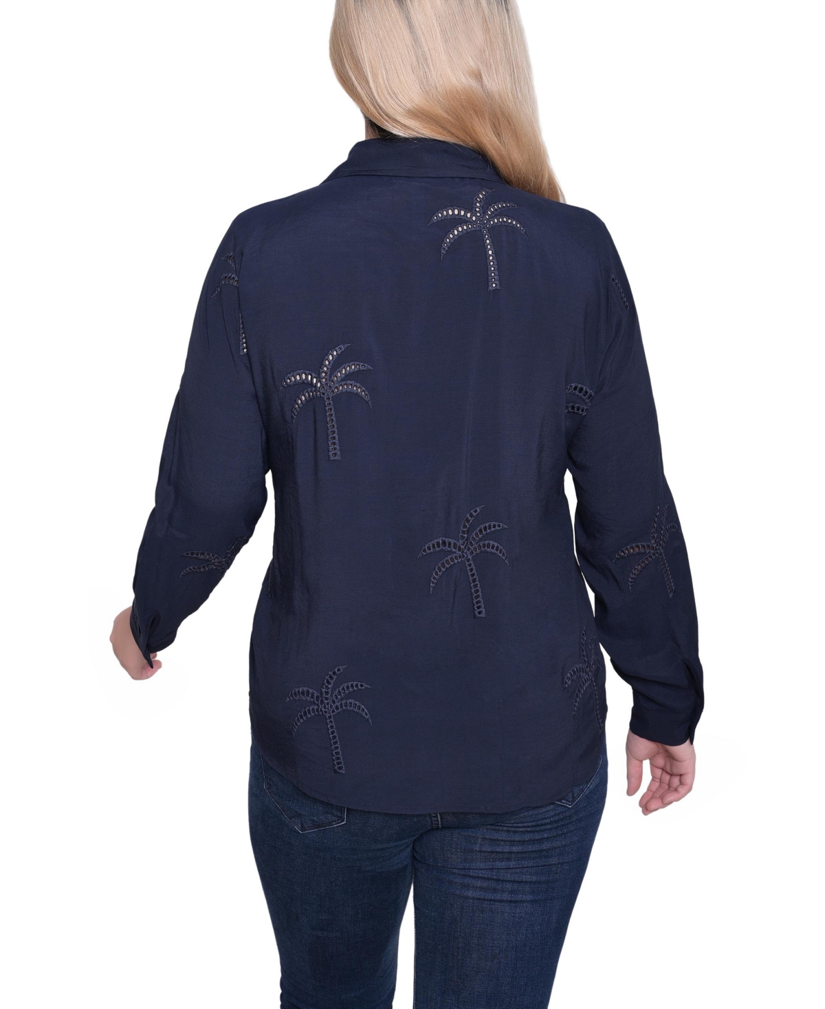 Ny Collection Petite Long Sleeve Palm Tree Top In Blue