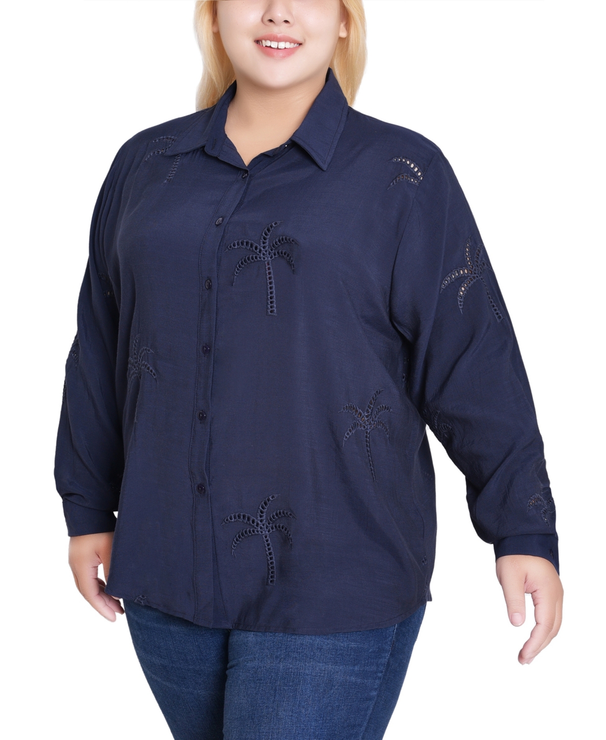 Ny Collection Plus Size Long Sleeve Palm Tree Blouse Top In Blue