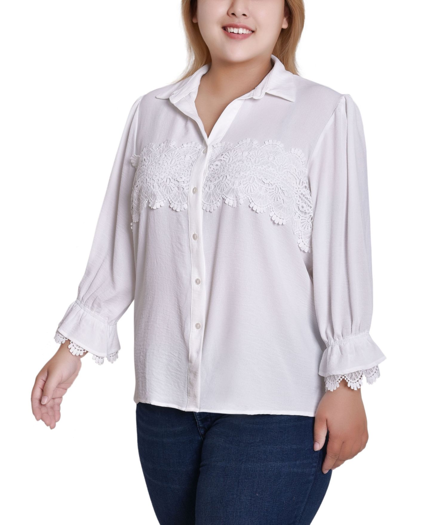 Женская блузка NY Collection Plus Size 3/4 Sleeve Blouse With Lace Details Top, цвет: Белый — фото 2