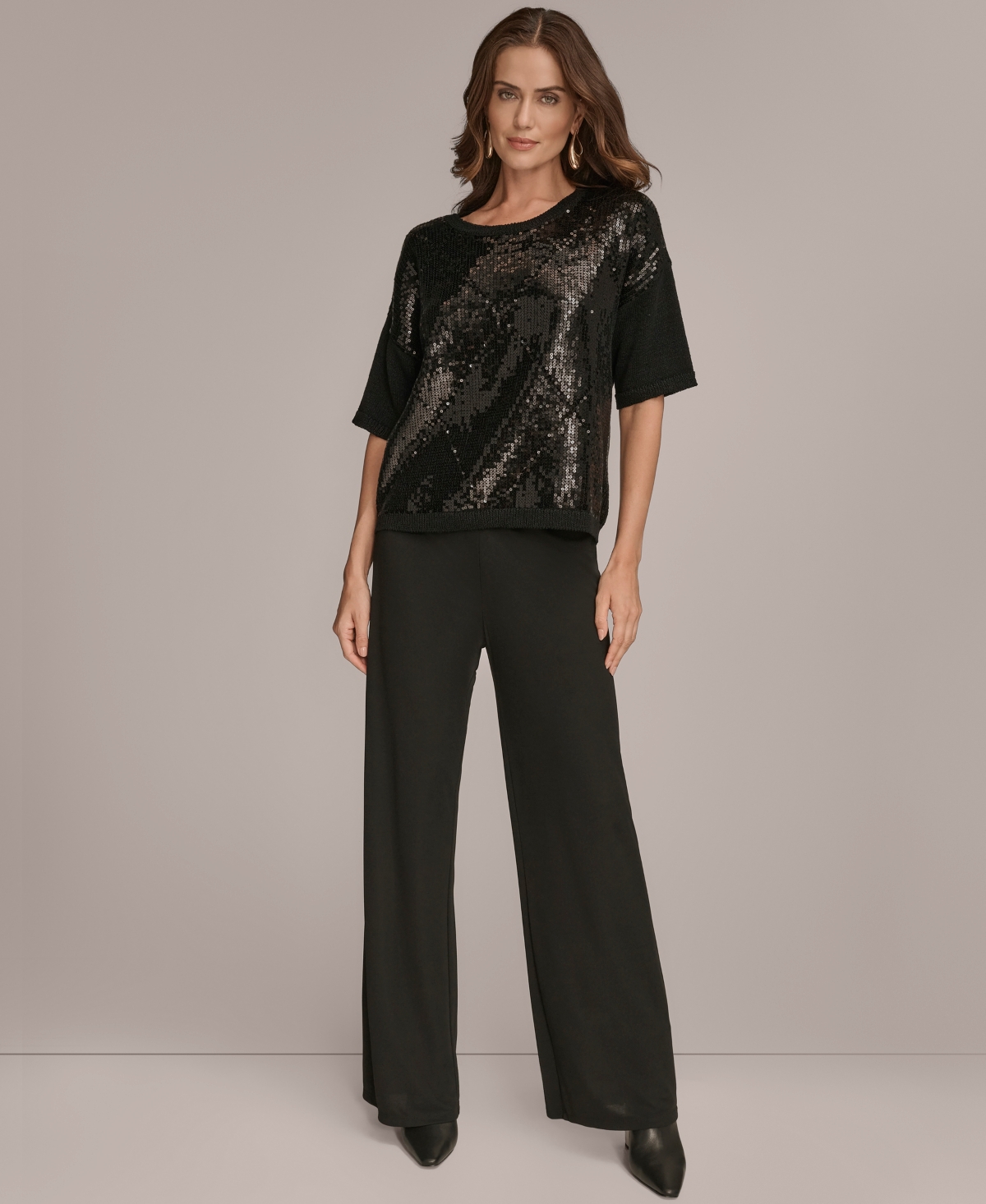Donna Karan New York Short Sleeve Sequin Sweater In Black