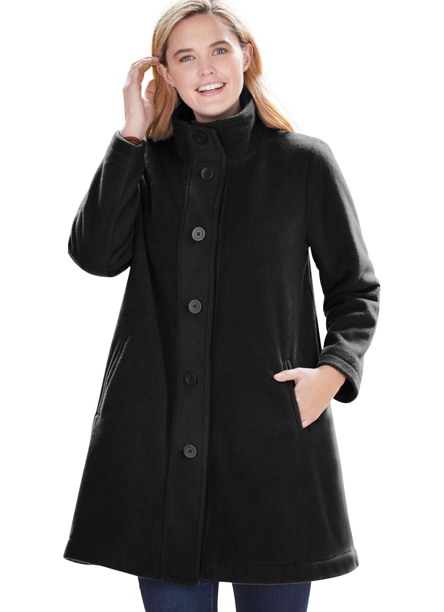 Женское пальто Woman Within Plus Size Fleece Swing Funnel-Neck, цвет: Чёрный — фото 1
