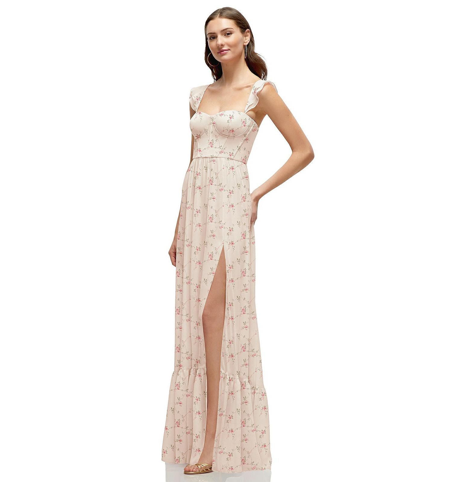 Plus Size Ruffle Strap Chiffon Bustier Maxi Dress with Ruffle Hem A-Line Skirt