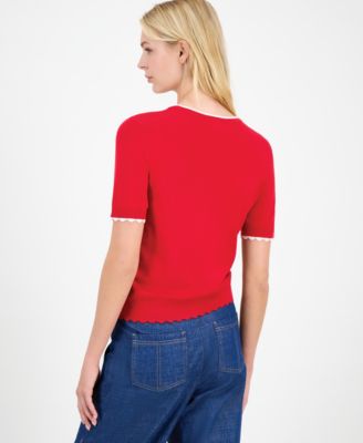 Women's Scallop-Trim Short Sleeve Crewneck Sweater