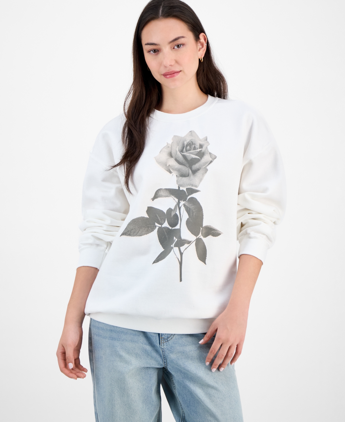 Love Tribe Juniors' Rose Photo Graphic Sweatshirt In White