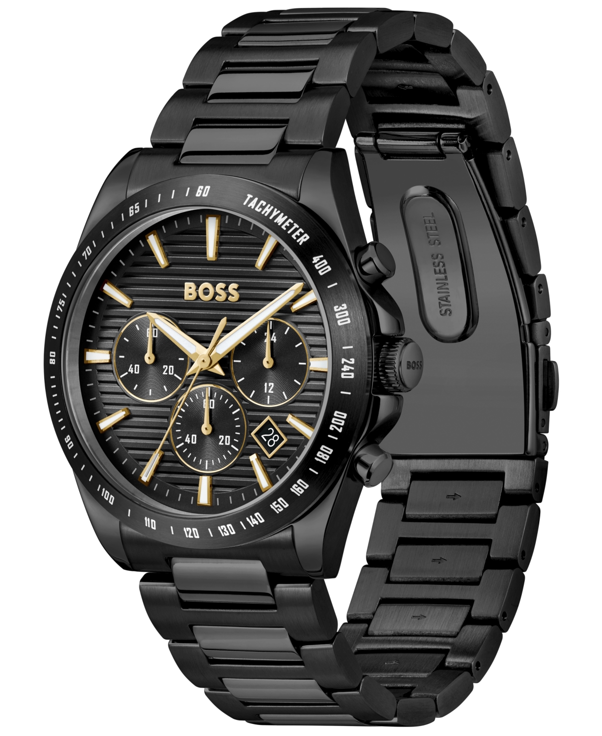 Hugo Boss Men's Strike Quartz Fashion Chrono Ionic Plated Black Steel Watch, 41mm In Black