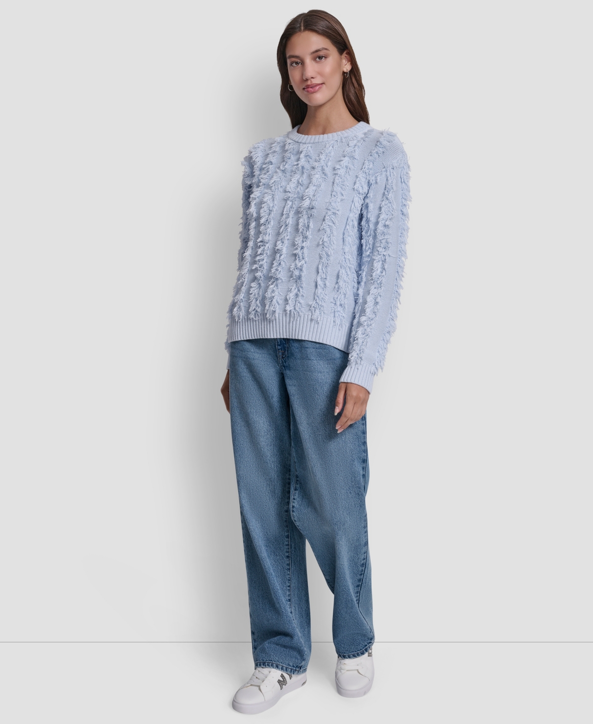 Dkny Jeans Petite Fringe Crewneck Sweater In Blue