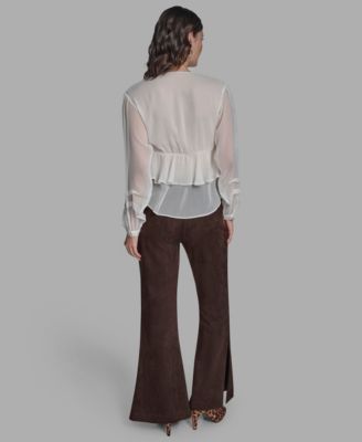 Women's Long Sleeve Ruffle V-Neck Blouse