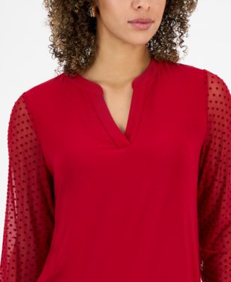 Women's Split-Neck Long-Dot-Sleeve Blouse, Regular & Petite