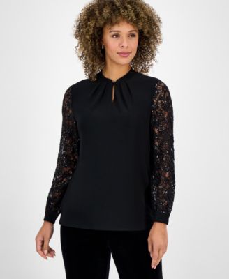 Kasper - Women's Sequin-Lace-Sleeve Keyhole-Neck Top