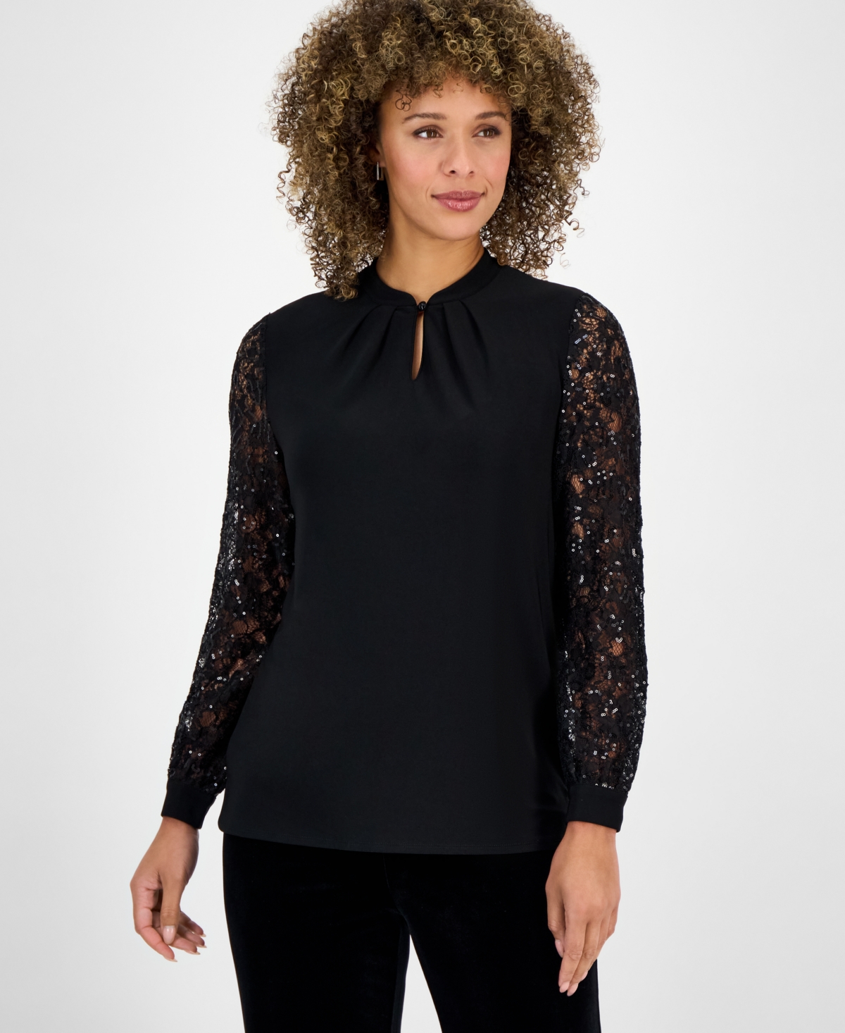 Kasper Women's Sequin-Lace-Sleeve Keyhole-Neck Top