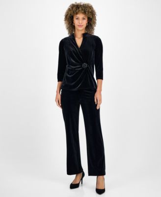 Women's 3/4-Sleeve Faux-Wrap Velvet Top, Regular & Petite