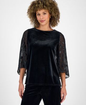 Kasper - Women's Velvet Mixed-Media 3/4-Sleeve Top