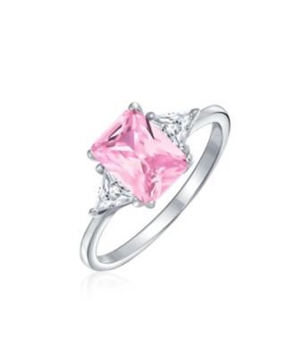 Sterling Silver 3CT Pink Princess Cut CZ Promise Ring with Trillion Side Stones