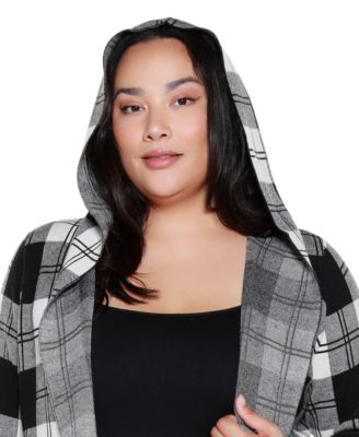 Plus Size Hooded Checkered Plaid Cardigan Sweater
