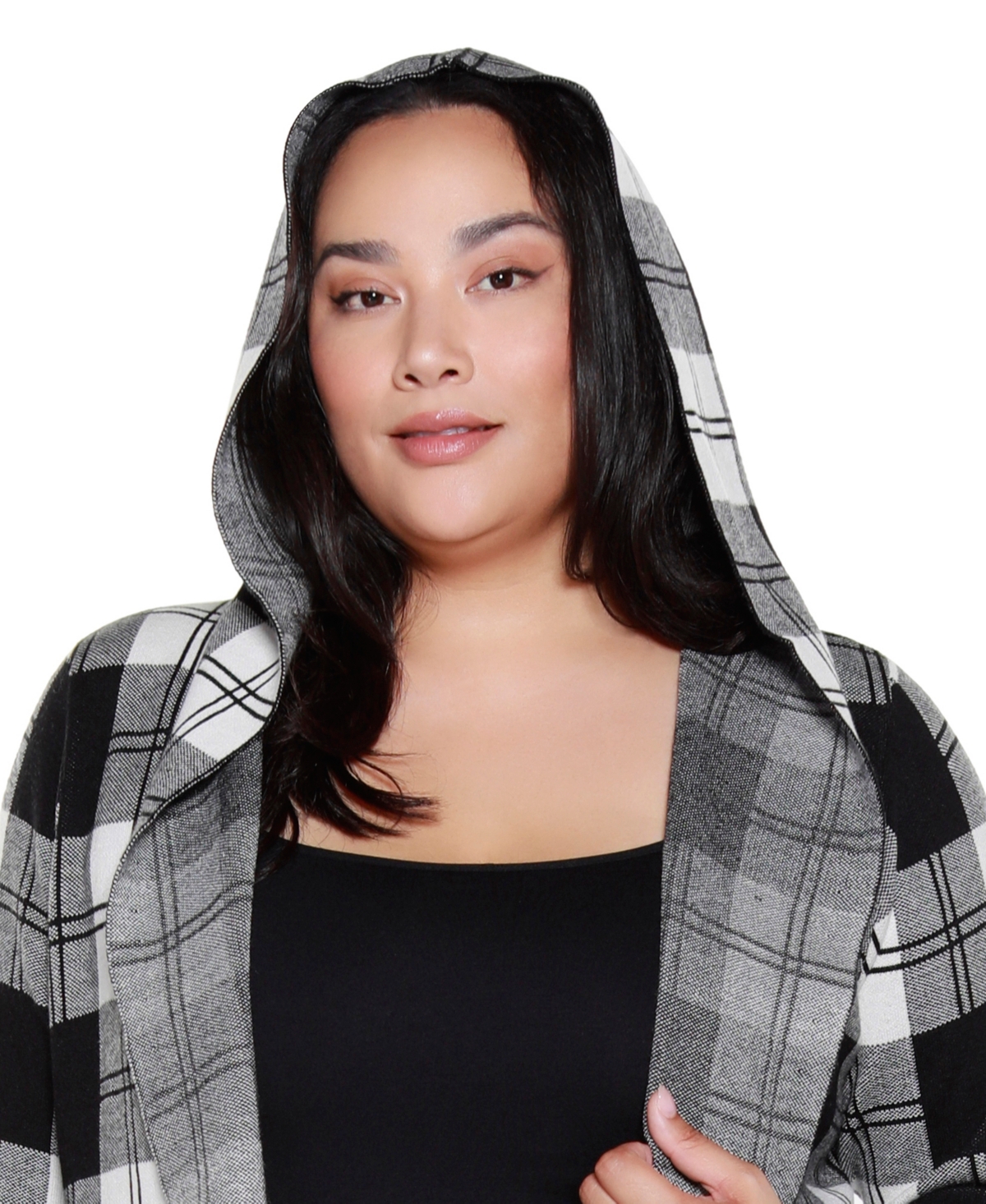 Belldini Plus Size Hooded Checkered Plaid Cardigan Sweater In Black