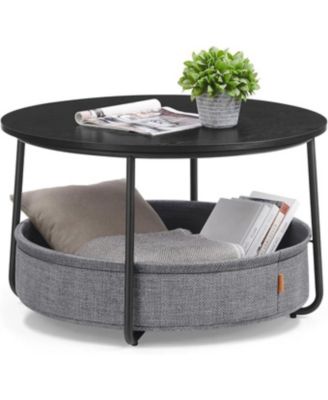 Round Coffee Table with Fabric Basket, Ink Black and Slate Gray