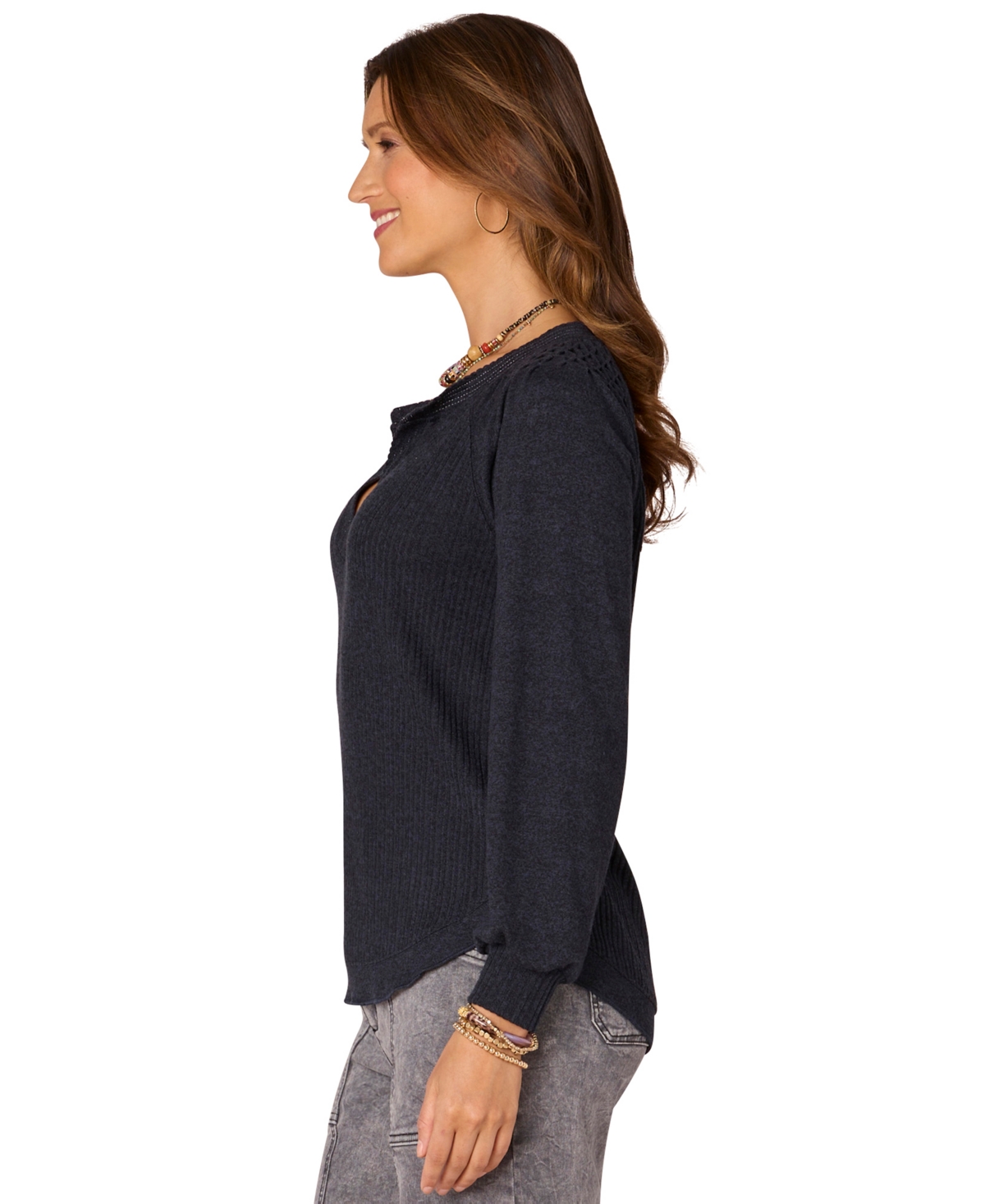 Democracy Women's Long Smocked Sleeve Top In Black