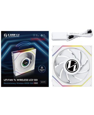 UNI FAN TL Wireless 1.6" LCD 120mm ARGB Case Fan with Reverse Blade, White