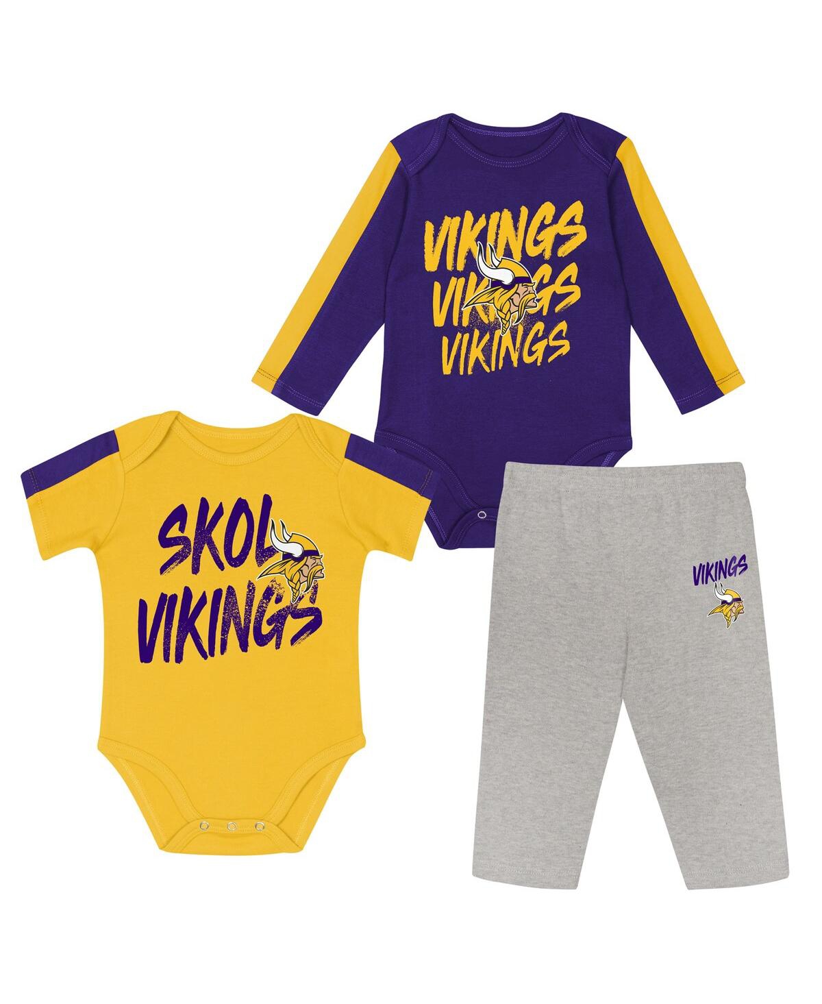Outerstuff Baby Boys And Girls 3-piece Purple/gold Minnesota Vikings Double Down Creeper And Pants Set In Multi