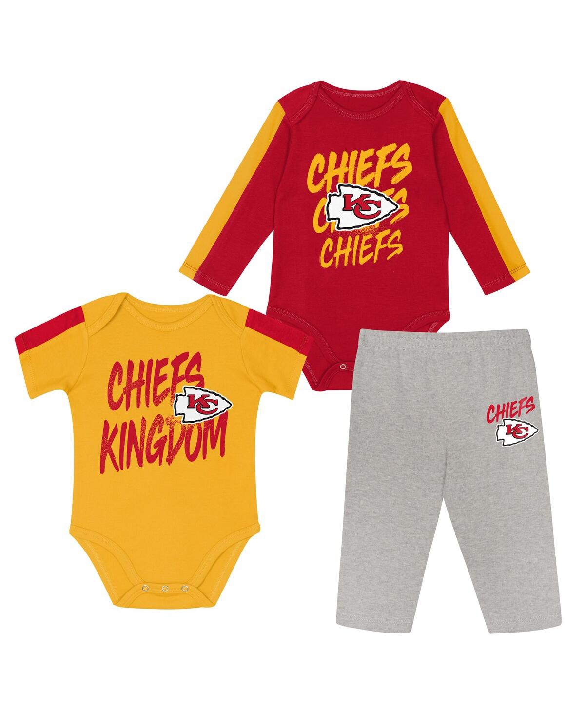 Outerstuff Baby Boys And Girls 3-piece Red/gold Kansas City Chiefs Double Down Creeper And Pants Set In Multi