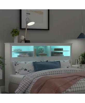 Storage Bookcase Headboard with LED Lights – Wood Grain Finish and Open Shelves for Nighttime Essentials